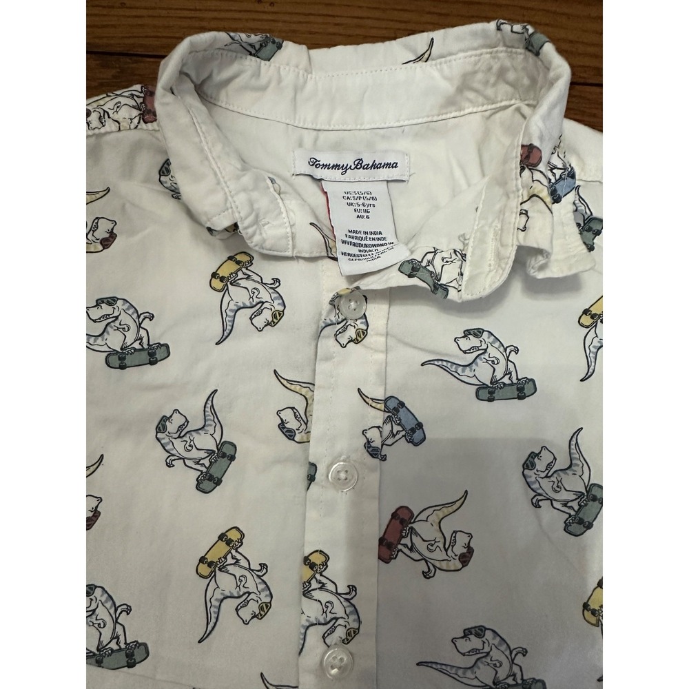 tommy bahama‎ white button up with dinosaurs on skateboards boys 5t